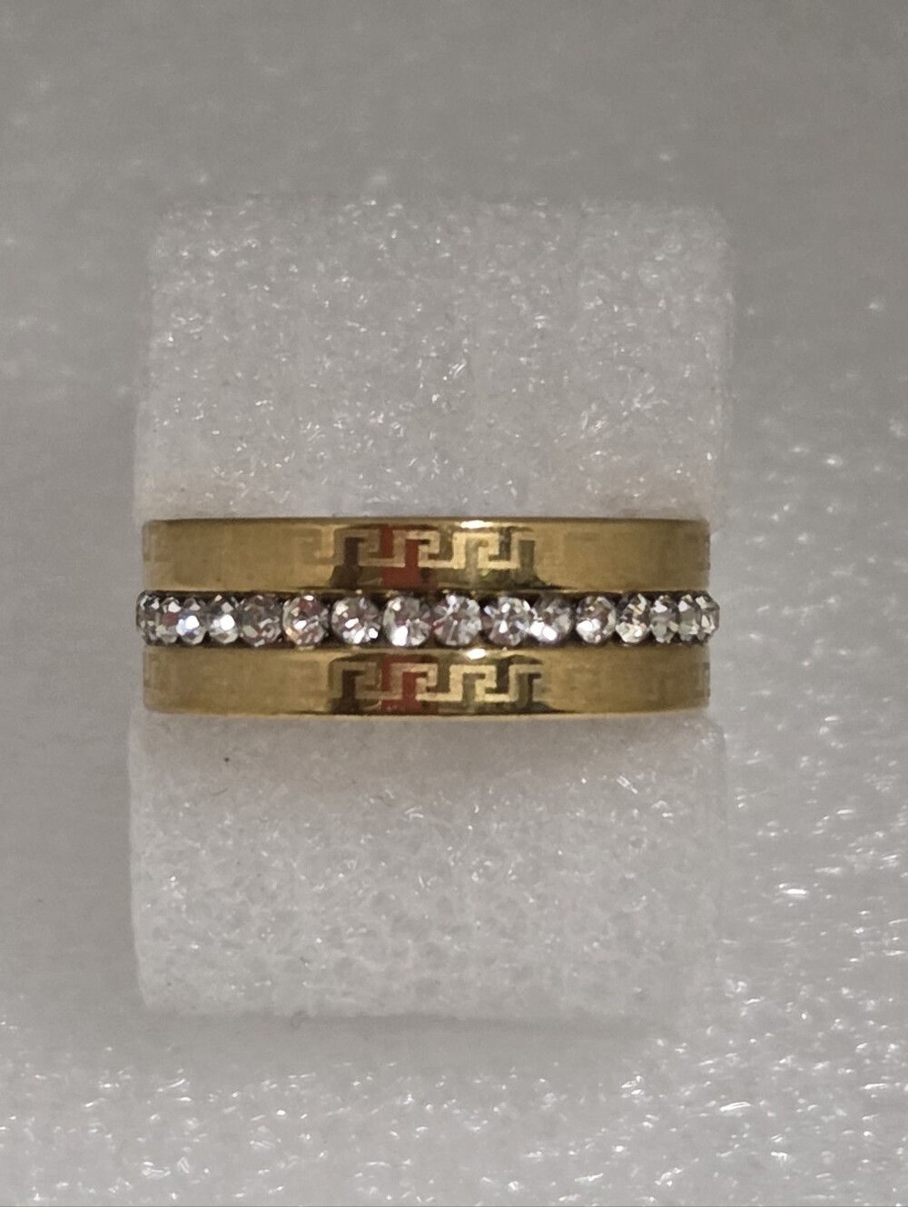 Gold-Tone Stainless Steel Ring with Clear Crystal Channel, Greek Key Accent